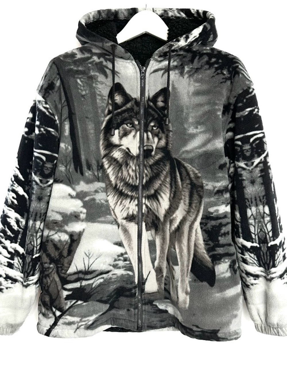 ⏱️Final$🔻Chunky fleece Wolf Print Hooded Zip Jacket